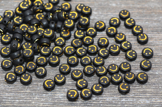 Smiley Face Round Beads, Black Bead with Gold Happy Face Emoji Beads, Happy Face Beads, Plastic Round Beads Size 7mm #186