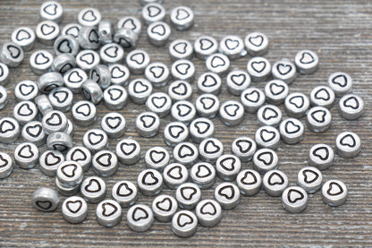 Silver Heart Beads, Acrylic Silver Heart Beads, Metallic Silver Plastic Heart Beads, Acrylic Symbol Beads, Outline Heart Beads 7mm #517