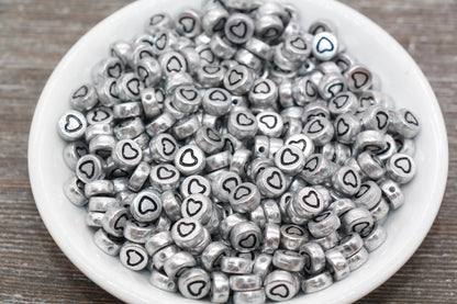 Silver Heart Beads, Acrylic Silver Heart Beads, Metallic Silver Plastic Heart Beads, Acrylic Symbol Beads, Outline Heart Beads 7mm #517