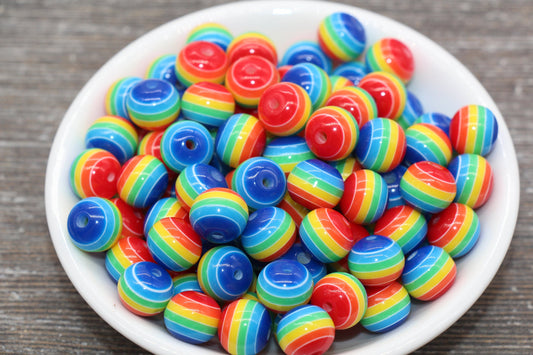 12mm Rainbow Striped Acrylic Beads, Round Acrylic Loose Beads, Striped Bubblegum Beads, Chunky Bubble Gum Beads, Round Plastic Beads #627