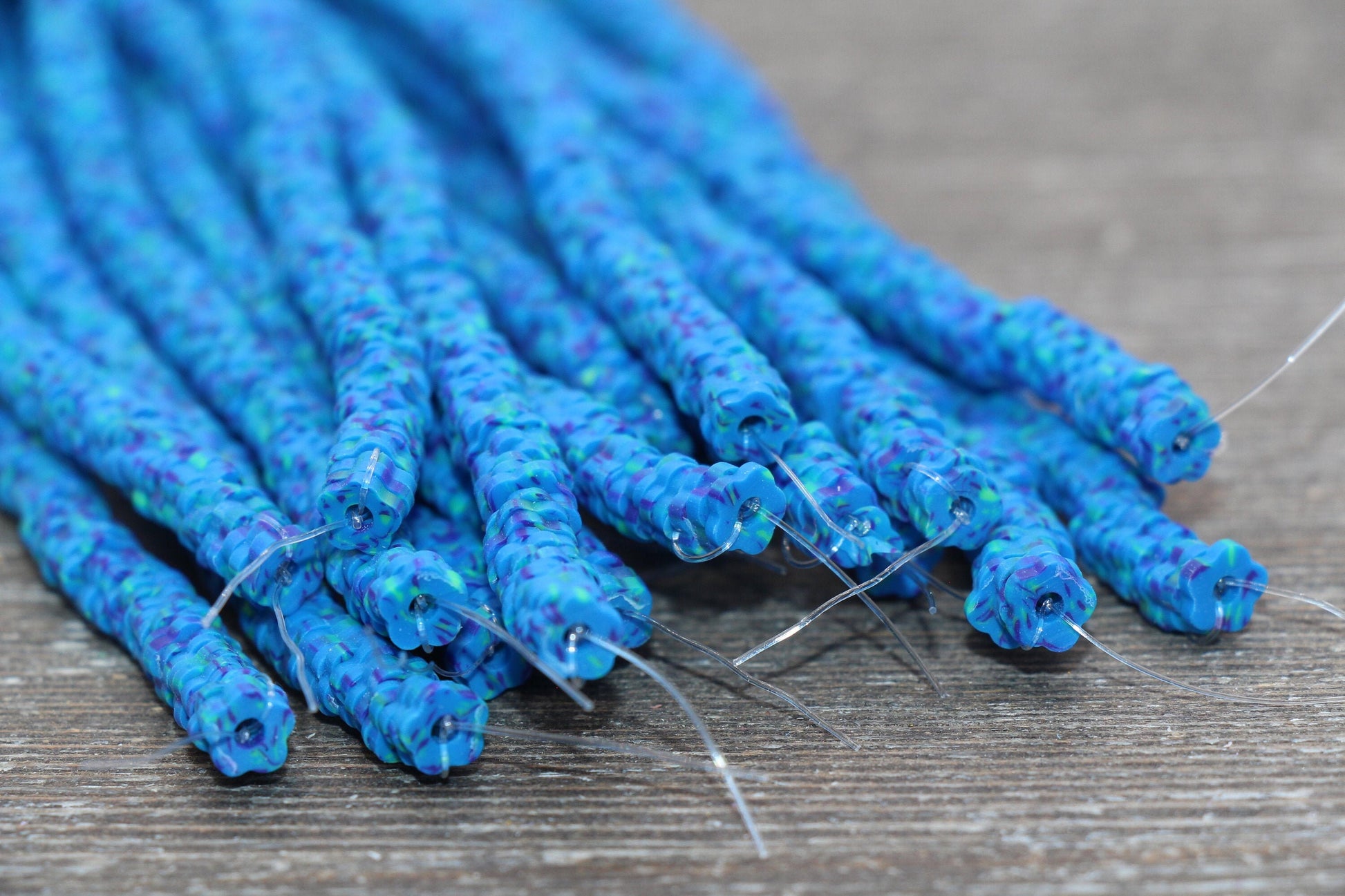 6mm Blue Speckled Flower Shape Heishi Beads, Blue Speckled Polymer Clay Disc Beads, African Disc Beads, Vinyl Heishi, 16 inch Strand #289