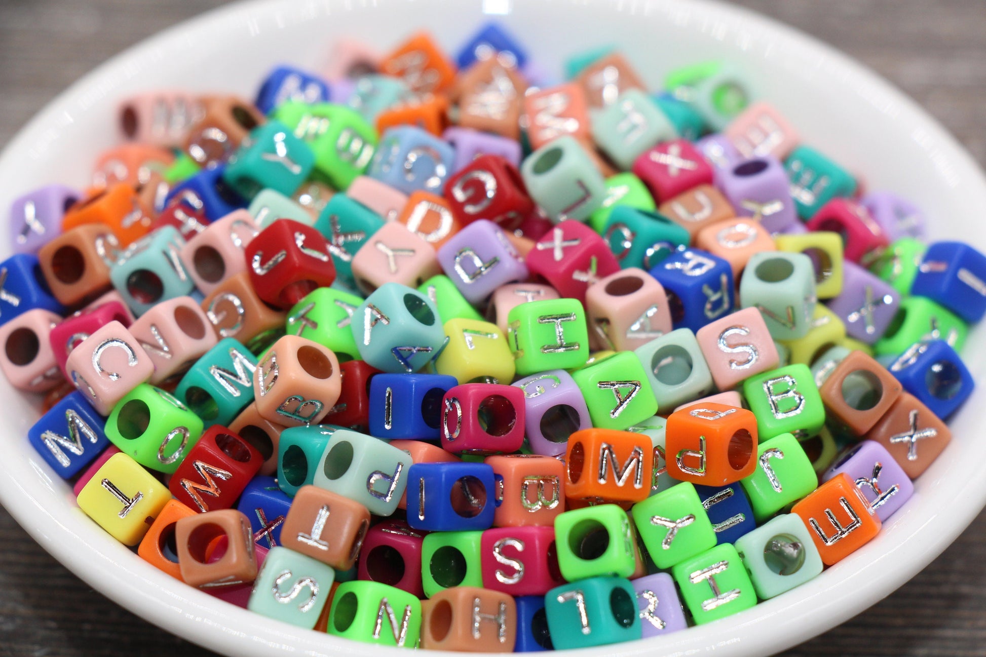 Multicolor Cube Alphabet Letter Beads, Multicolored Beads with Silver Letters, Plastic Letter Beads, Acrylic Square Name Beads, Size 6mm #60