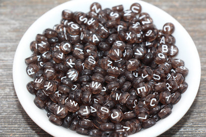 Transparent Brown Alphabet Letter Beads, Acrylic Brown Letters Beads, Round Acrylic Beads, Mixed Letters Beads, Name Beads 7mm #23