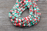 6mm Multicolored Heishi Beads, Green White and Red Polymer Clay Disc Beads, African Disc Beads, Christmas Color Heishi, Full Strand #505
