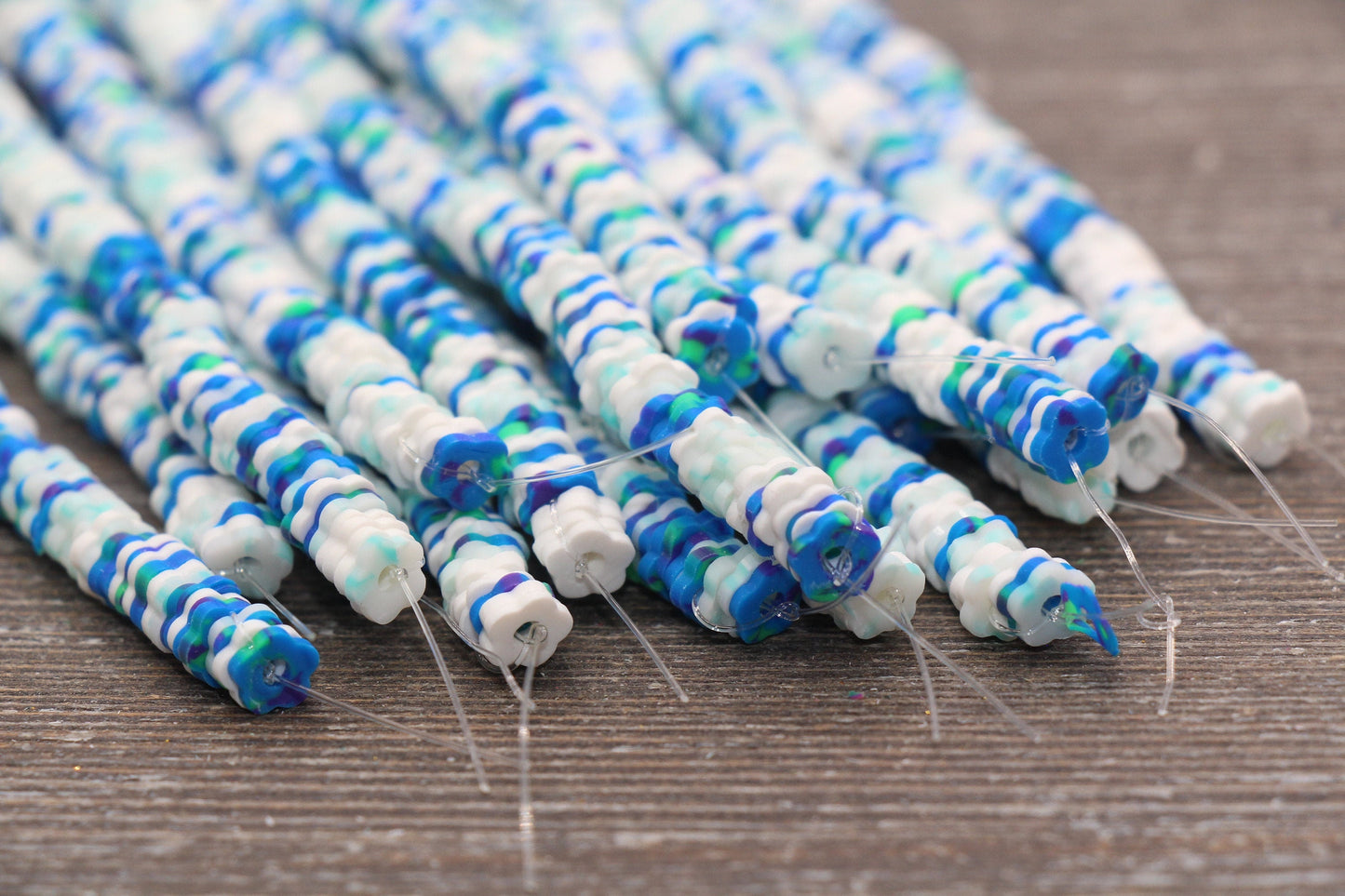 6mm Multicolored Flower Shape Heishi Beads, Blue and White Polymer Clay Disc Beads, African Disc Beads, Vinyl Heishi, 16 inch Strand #285