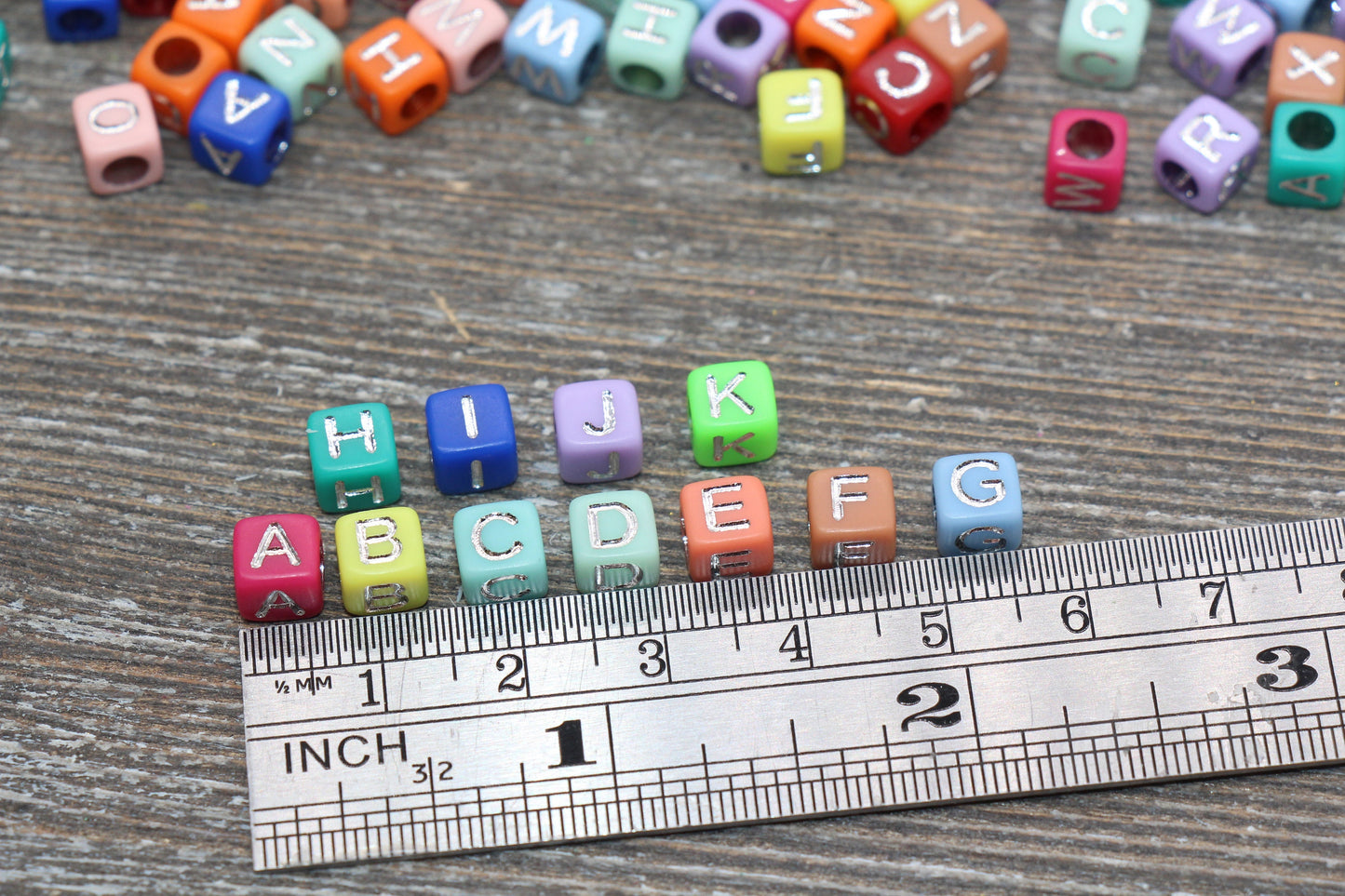 Multicolor Cube Alphabet Letter Beads, Multicolored Beads with Silver Letters, Plastic Letter Beads, Acrylic Square Name Beads, Size 6mm #60