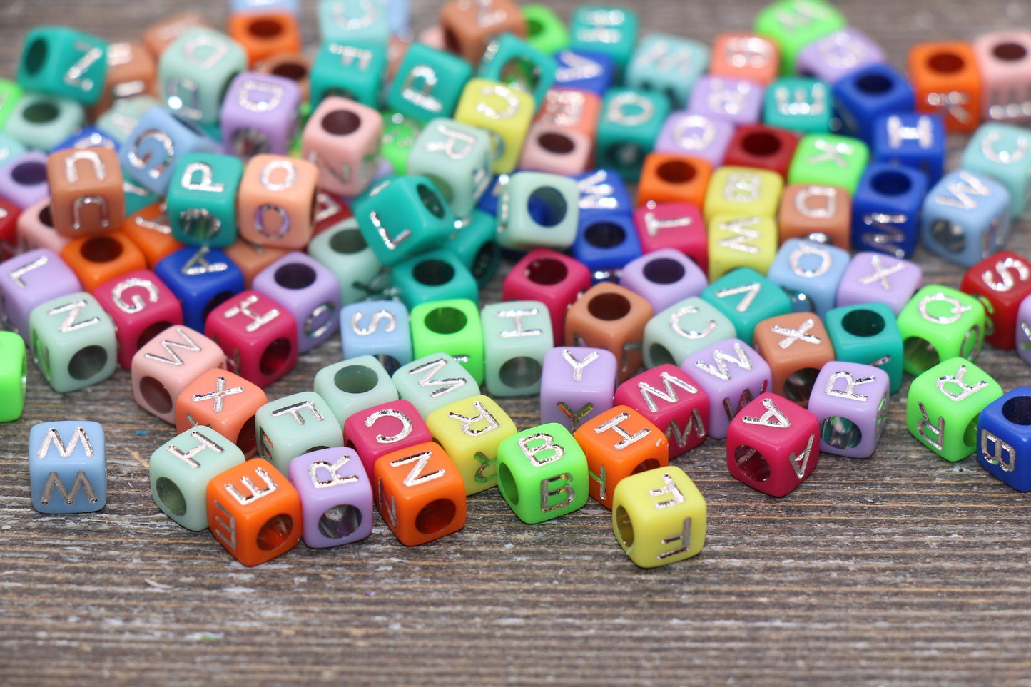 Multicolor Cube Alphabet Letter Beads, Multicolored Beads with Silver Letters, Plastic Letter Beads, Acrylic Square Name Beads, Size 6mm #60