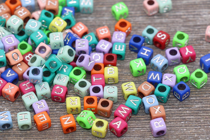 Multicolor Cube Alphabet Letter Beads, Multicolored Beads with Silver Letters, Plastic Letter Beads, Acrylic Square Name Beads, Size 6mm #60