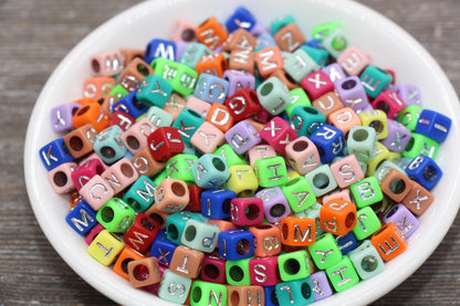 Multicolor Cube Alphabet Letter Beads, Multicolored Beads with Silver Letters, Plastic Letter Beads, Acrylic Square Name Beads, Size 6mm #60