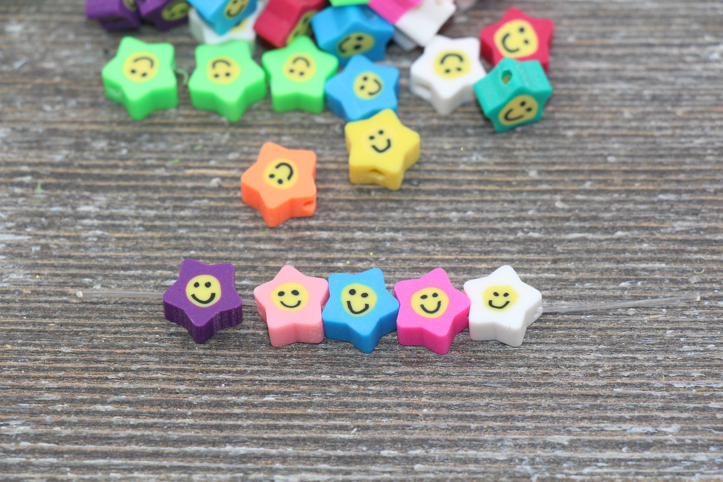 Smiley Face Polymer Clay Beads, Star Shape Smiley Face Fimo Cane Beads, Assorted Happy Face Emoji Beads, Rainbow Happy Face Slice Beads #18