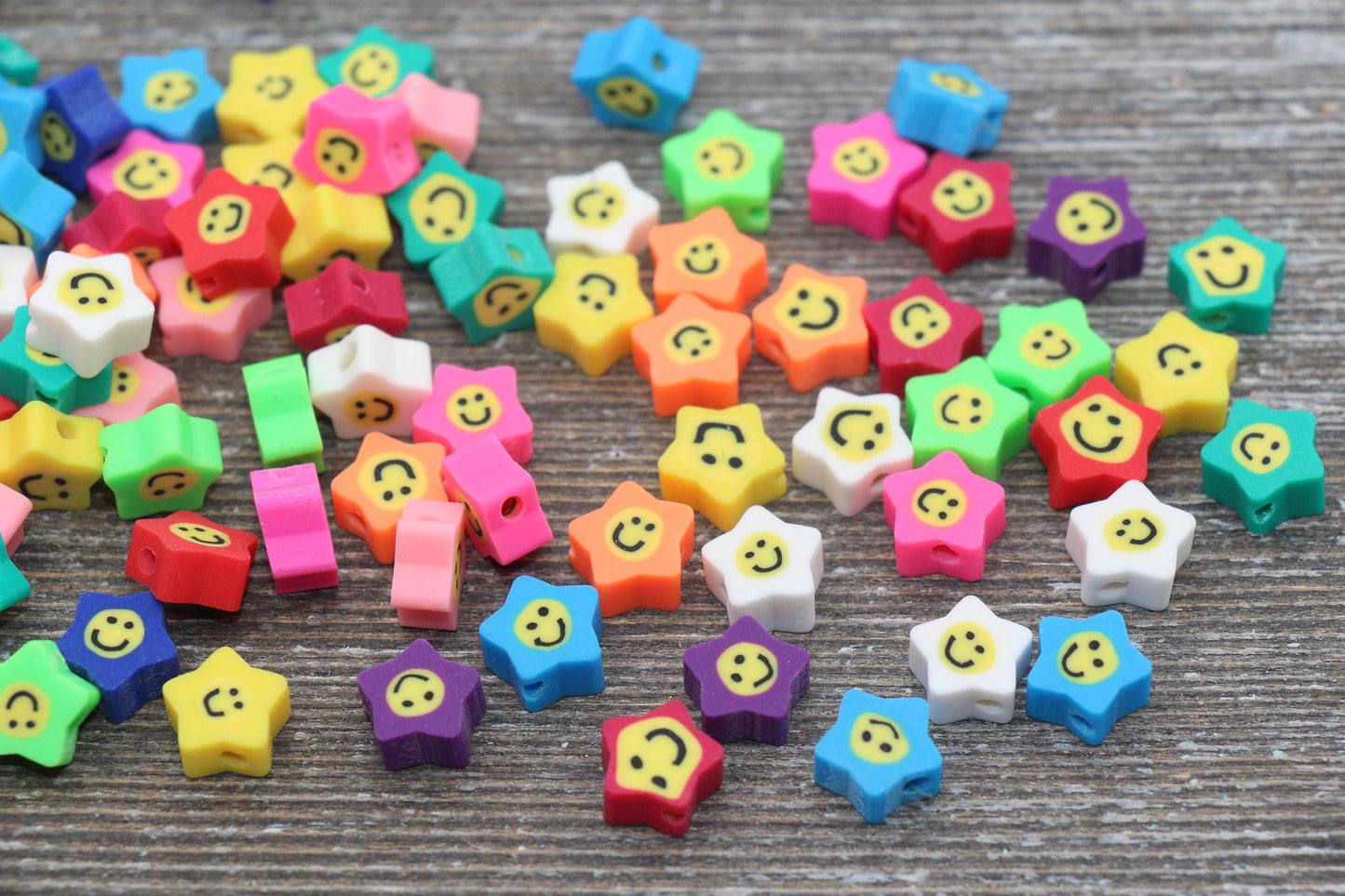 Smiley Face Polymer Clay Beads, Star Shape Smiley Face Fimo Cane Beads, Assorted Happy Face Emoji Beads, Rainbow Happy Face Slice Beads #18