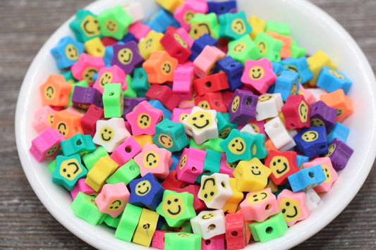 Smiley Face Polymer Clay Beads, Star Shape Smiley Face Fimo Cane Beads, Assorted Happy Face Emoji Beads, Rainbow Happy Face Slice Beads #18