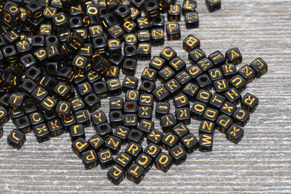 Gold Cube Alphabet Letter Beads, Black with Gold Letter Beads, Plastic Letter Beads, Acrylic Square Name Beads, Size 4.8mm #1302