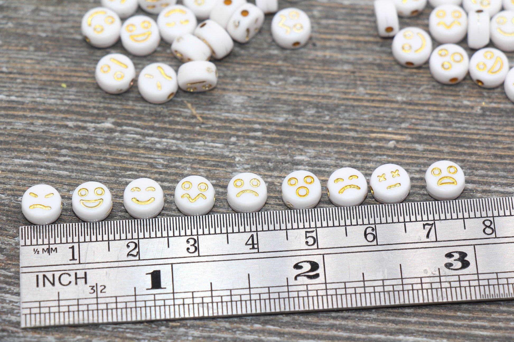 Facial Expression Round Beads, White with Gold Beads, Emoji Beads, Happy Face, Sad Face, Plastic Round Beads Size 7mm #480