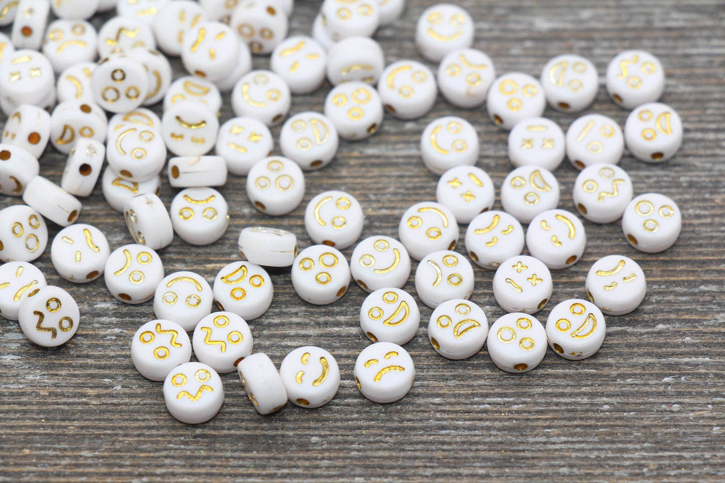 Facial Expression Round Beads, White with Gold Beads, Emoji Beads, Happy Face, Sad Face, Plastic Round Beads Size 7mm #480