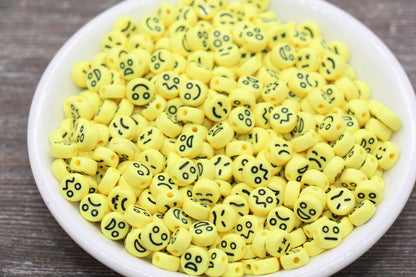 Facial Expression Round Beads, Yellow with Black Beads, Yellow Emoji Beads, Happy Face, Sad Face, Plastic Round Beads Size 7mm #483