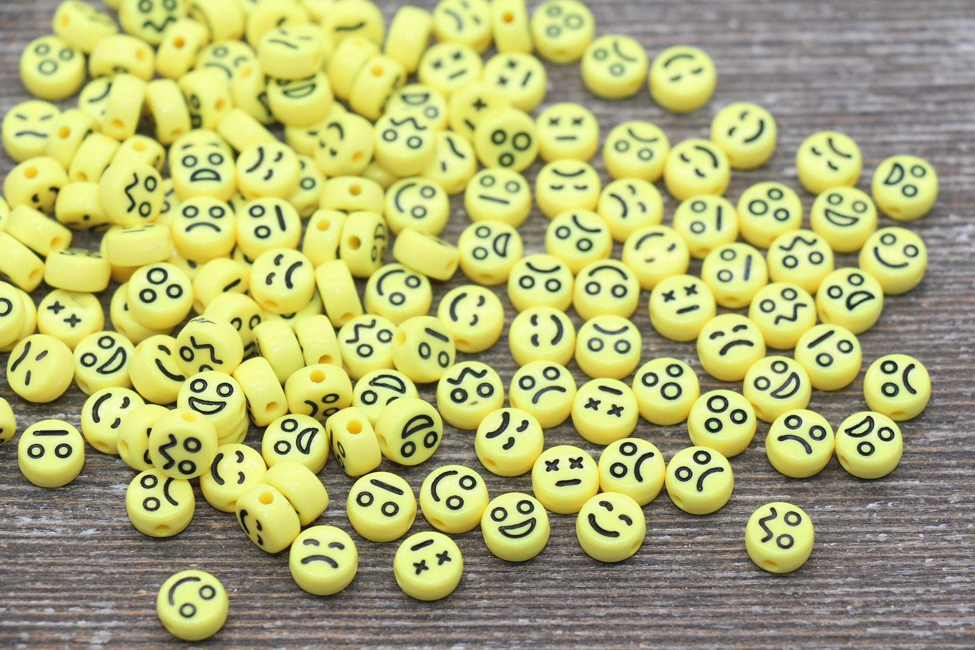 Facial Expression Round Beads, Yellow with Black Beads, Yellow Emoji Beads, Happy Face, Sad Face, Plastic Round Beads Size 7mm #483