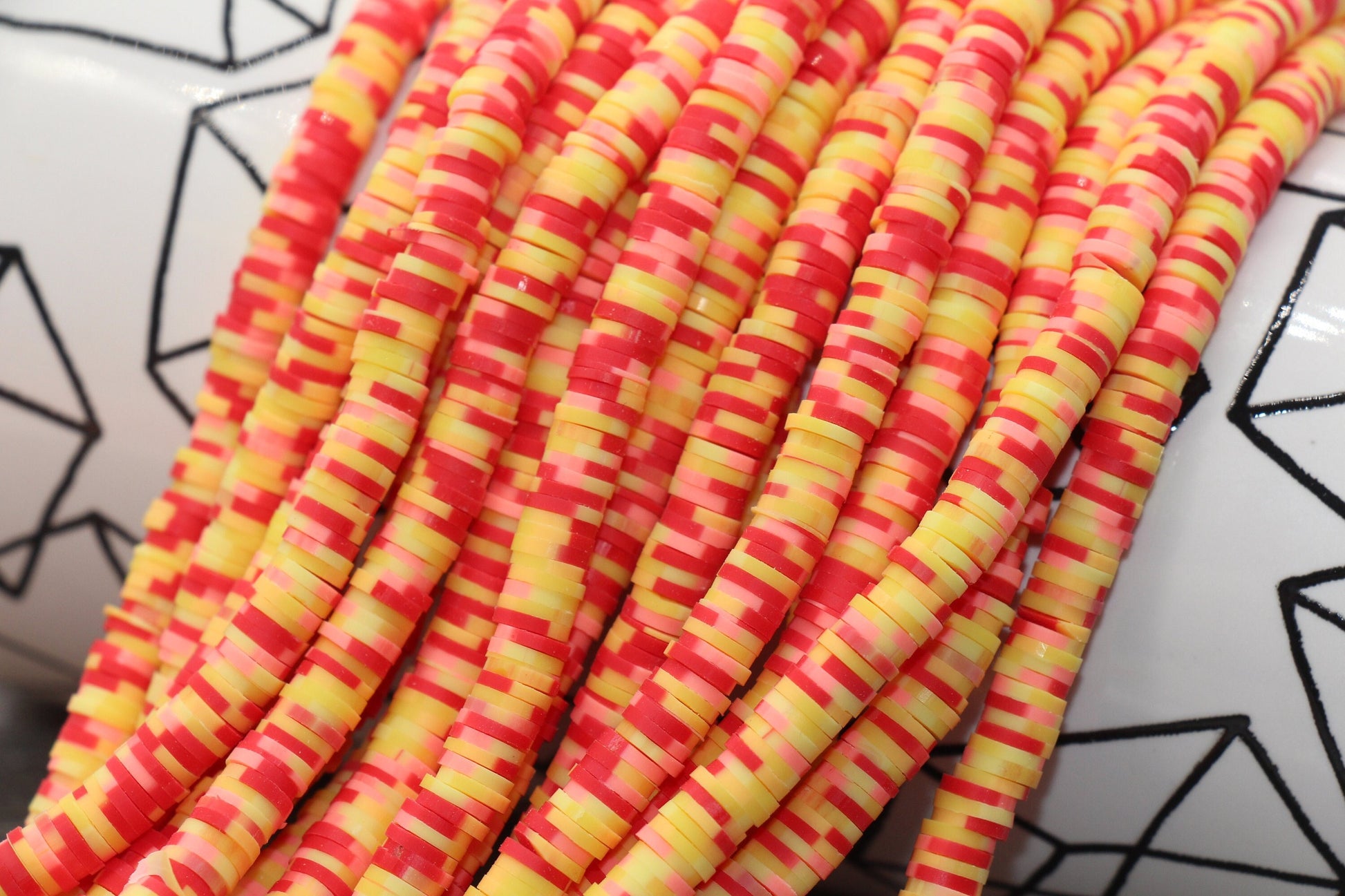 6mm Speckled Heishi Beads, Yellow with Red Speckled Polymer Clay Disc Beads, African Disc Beads, Vinyl Heishi, 16 inch Strand #30