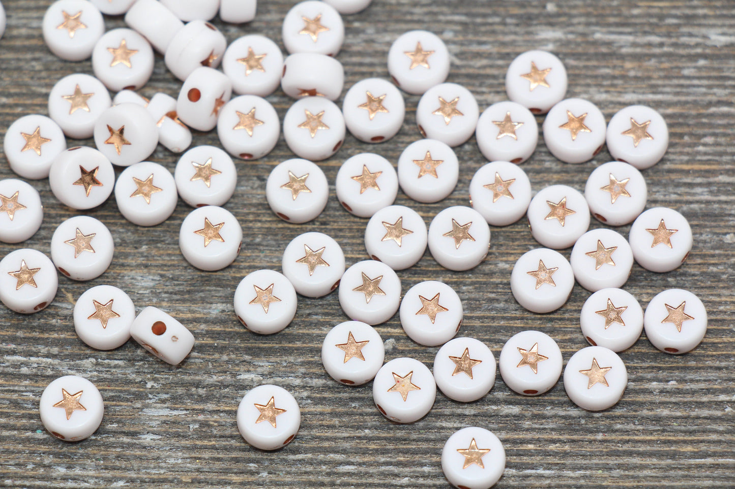 Rose Gold Star Beads, Acrylic White Beads with Rose Gold Stars, Plastic Star Beads, Acrylic Symbol Beads, Star Beads, Size 7mm #191