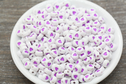 Purple Heart Beads, Acrylic Heart Beads, Purple and White Heart Beads, Acrylic Symbol Beads, Size 7mm #121