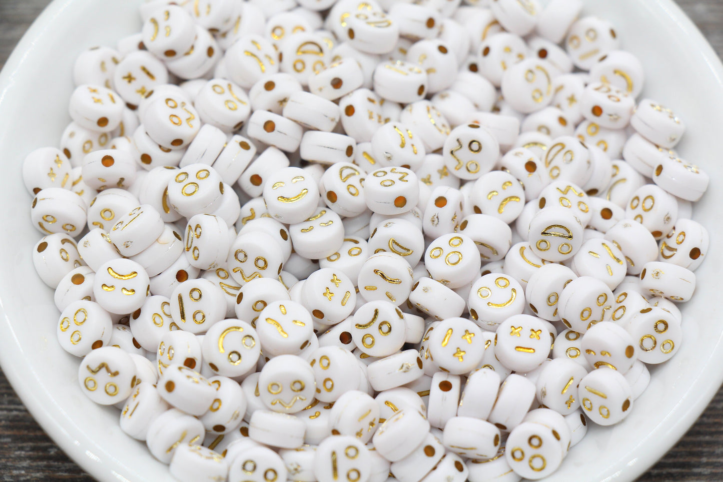 Facial Expression Round Beads, White with Gold Beads, Emoji Beads, Happy Face, Sad Face, Plastic Round Beads Size 7mm #480