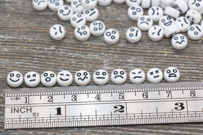 Facial Expression Round Beads, White with Black Beads, Emoji Beads, Happy Face, Sad Face, Plastic Round Beads Size 7mm #482