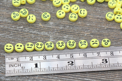 Facial Expression Round Beads, Yellow with Black Beads, Yellow Emoji Beads, Happy Face, Sad Face, Plastic Round Beads Size 7mm #483