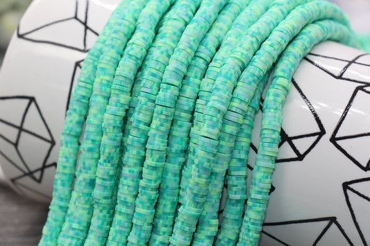 6mm Green Speckled Heishi Beads, Mix Color Polymer Clay Disc Beads, African Disc Beads, Vinyl Heishi, 16 inch Strand #45