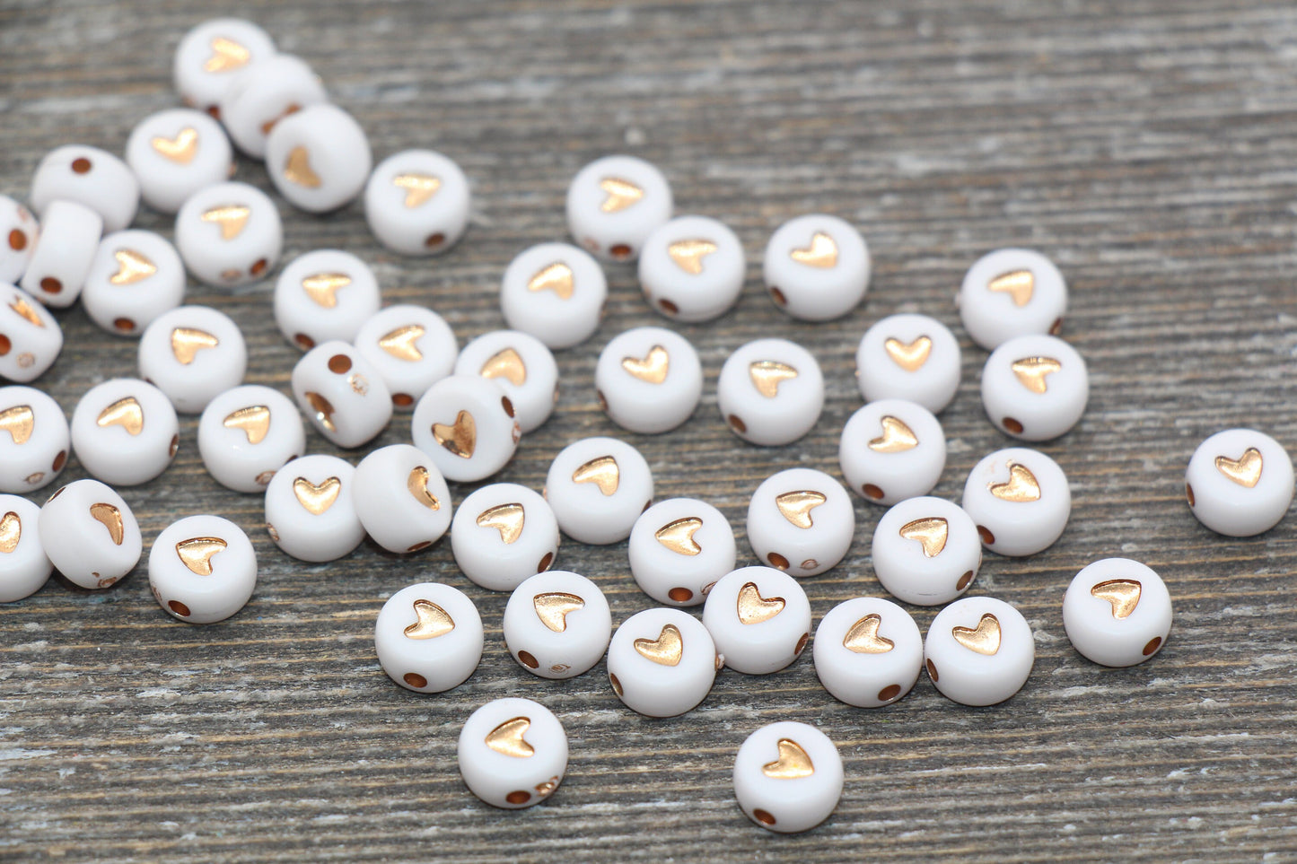 Rose Gold Heart Beads, Acrylic White Beads with Rose Gold Hearts, Plastic Heart Beads, Acrylic Symbol Beads, Heart Beads, Size 7mm #53