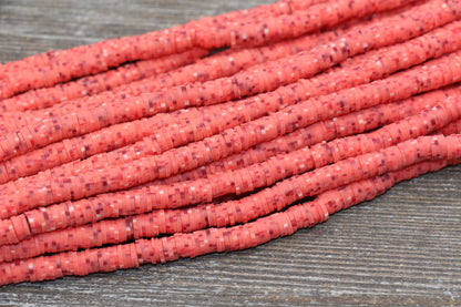 6mm Speckled Heishi Beads, Red Dots Speckled Polymer Clay Disc Beads, African Disc Beads, Vinyl Heishi, 16 inch Strand #326