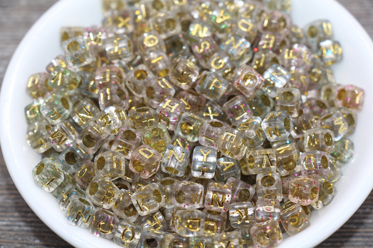 Cube Gold Alphabet Letter Beads, Glitter Beads with Gold Letters, Translucent Plastic Letter Beads, Acrylic Square Name Beads, Size 6mm #100