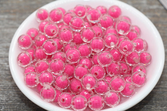 10mm Hot Pink Faceted Round Beads, Hot Pink Acrylic Round Gumball Beads, Bubblegum Beads, Plastic Faceted Round Bead #1726