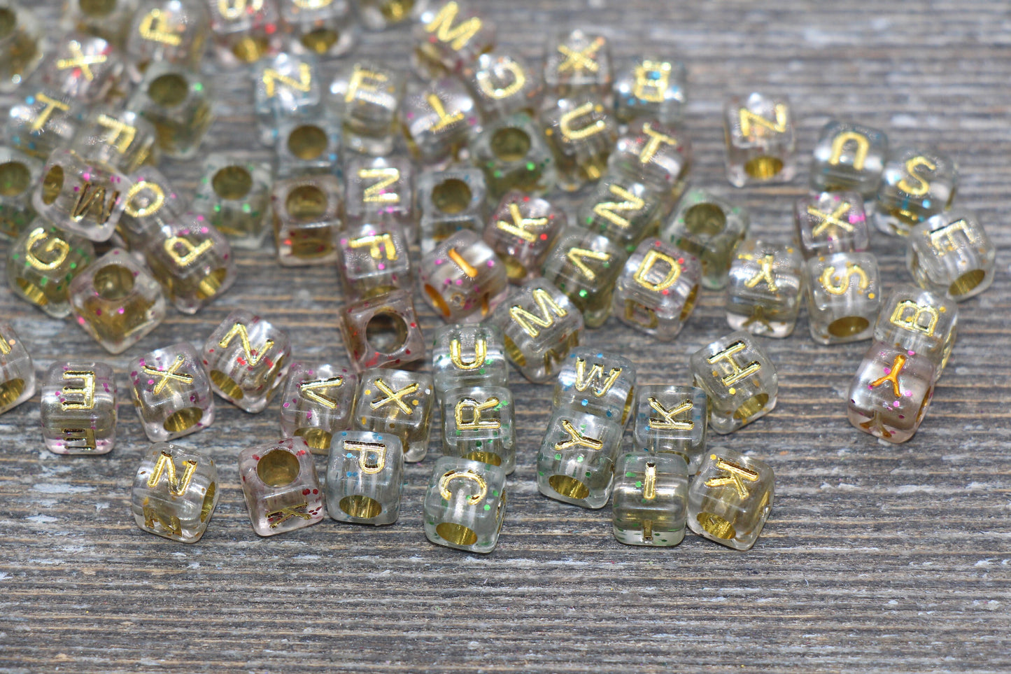 Cube Gold Alphabet Letter Beads, Glitter Beads with Gold Letters, Translucent Plastic Letter Beads, Acrylic Square Name Beads, Size 6mm #100