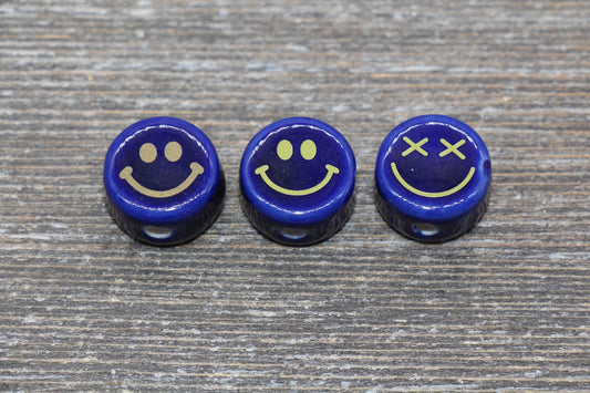 Blue Ceramic Smiley Face Beads, Happy Face Beads, Facial Expression Beads, Vertical Hole Beads