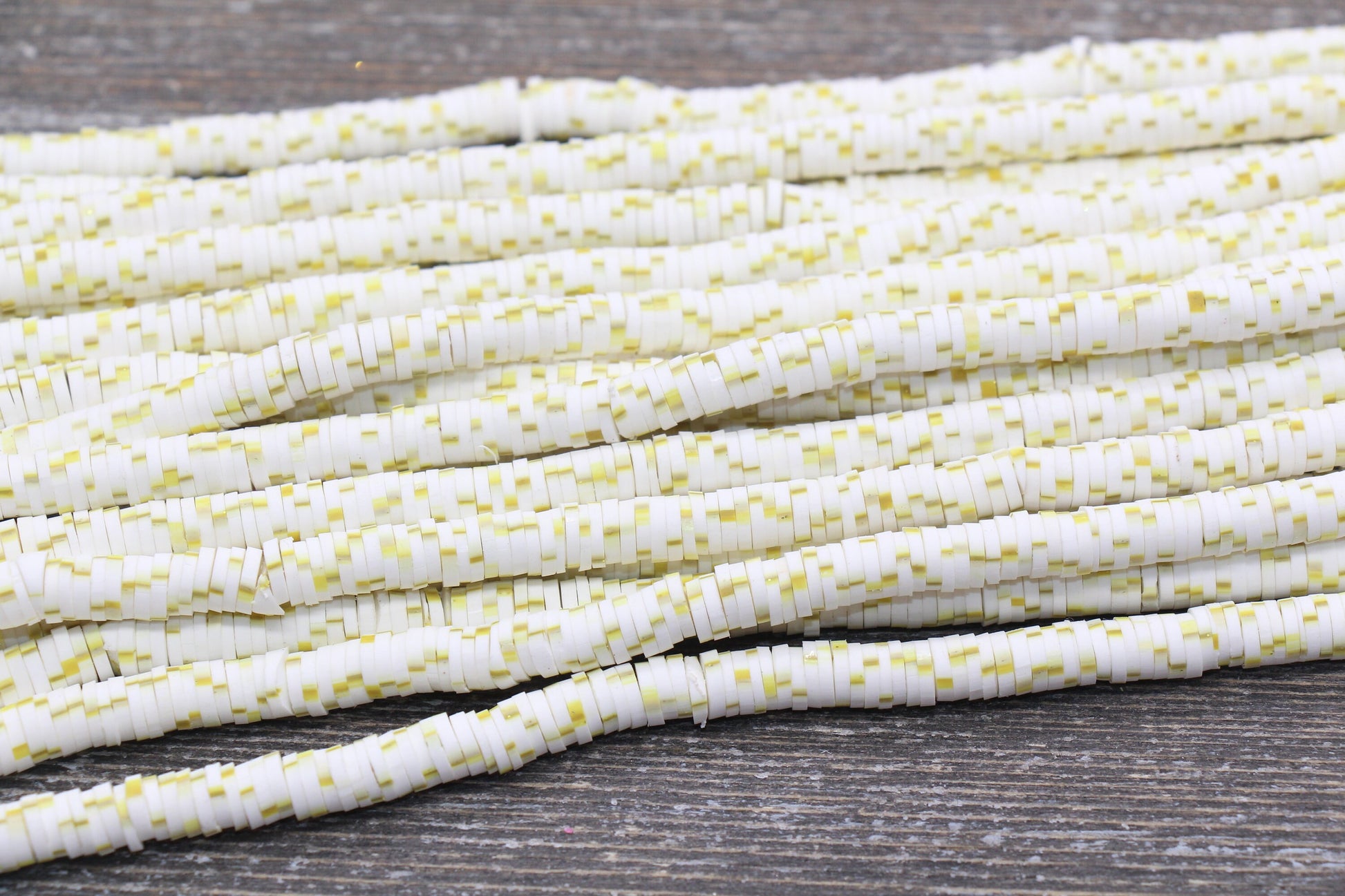 6mm White with Gold Speckled Heishi Beads, Gold Dot Polymer Clay Disc Beads, African Disc Beads, Wholesale Vinyl Heishi, 16 inch Strand #55