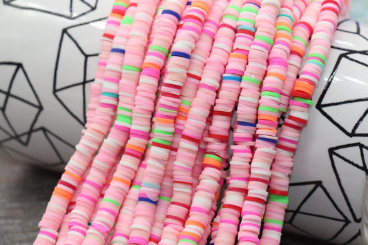 6mm Pink Mixed Heishi Beads, Multicolor Polymer Clay Disc Beads, African Disc Beads, Wholesale Vinyl Heishi, 16 inch Strand #187