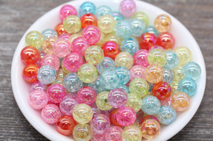 10mm Multicolor Iridescent Gumball Beads, Rainbow AB Acrylic Crackle Loose Beads, Bubblegum Beads, Chunky Beads, Smooth Round Beads #486