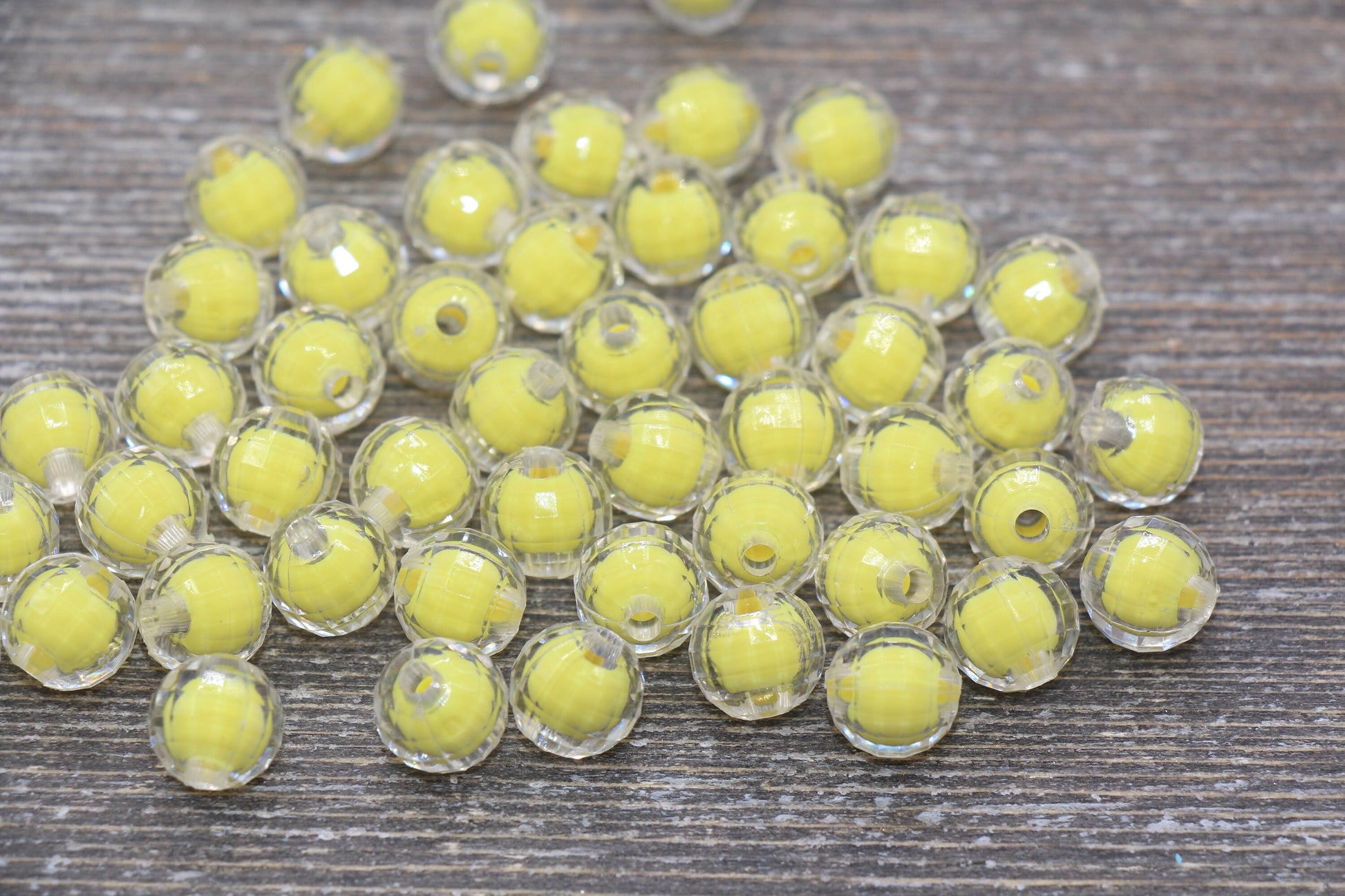 10mm Yellow Faceted Round Beads, Yellow Acrylic Round Gumball Beads, Bubblegum Beads, Plastic Faceted Round Bead #1729