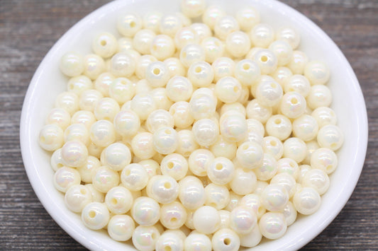 8mm Ivory AB Gumball Beads, Iridescent Acrylic Loose Beads, Solid Bubblegum Beads, Chunky Beads, Glossy Smooth Round Plastic Beads #447