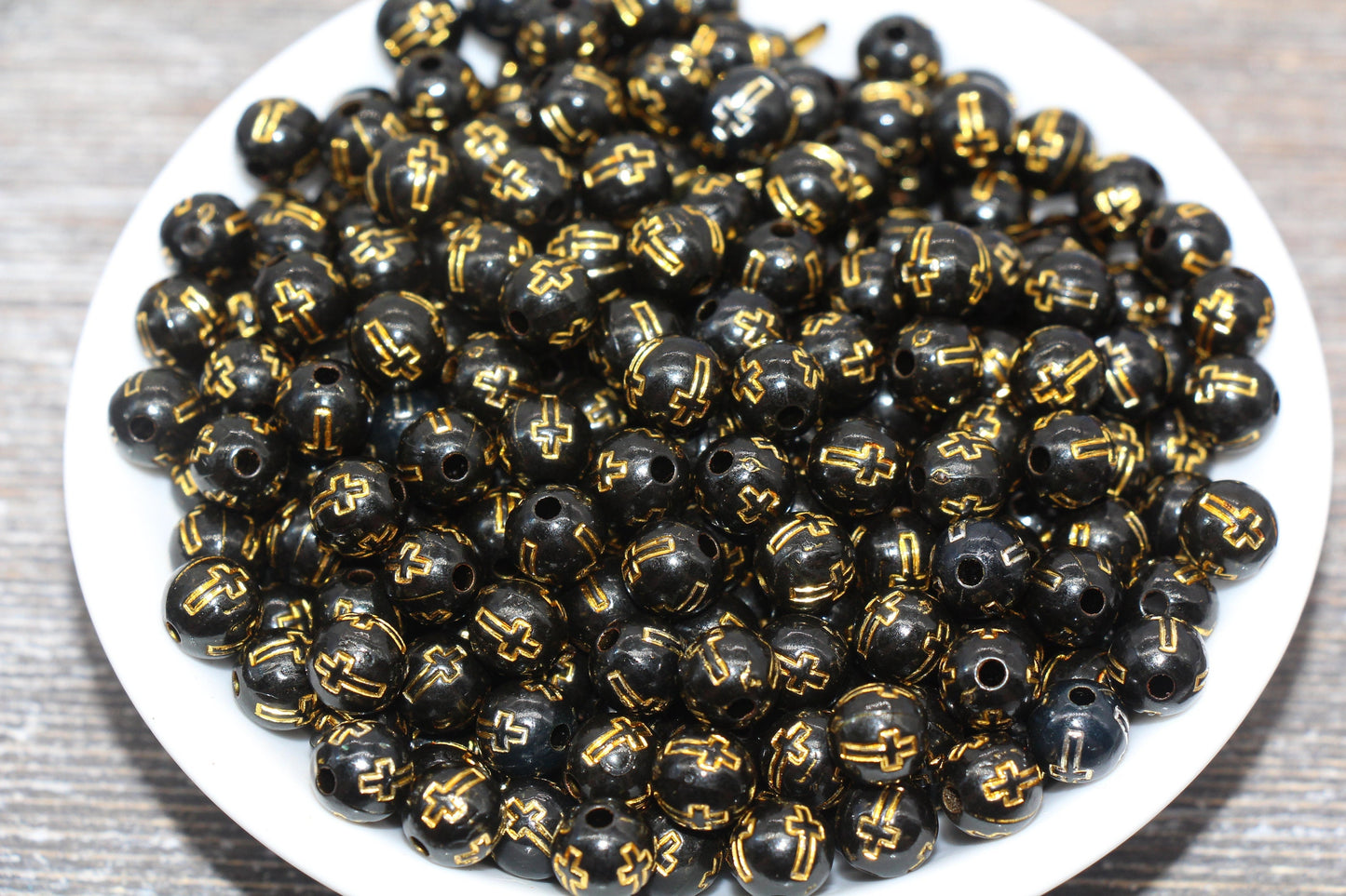 Black with Gold Cross Round Beads, Gold Cross Round Beads, Acrylic Cross Beads, Plastic Cross Beads, Round Beads, Chunky Gumball Beads- #337