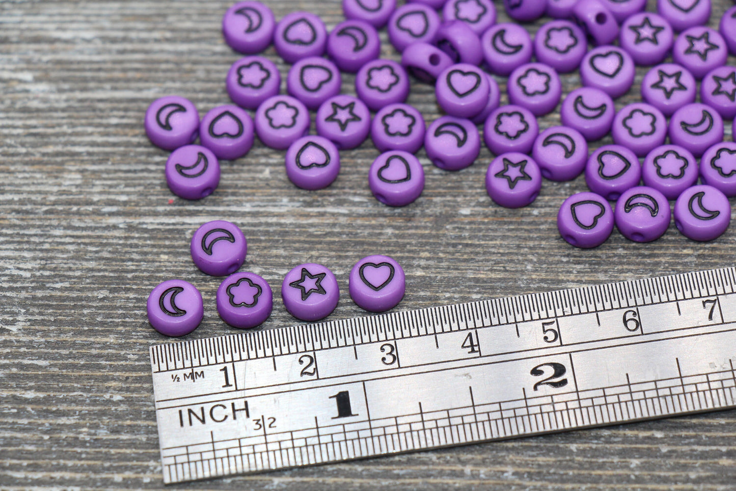 Heart, Star, Flower, Moon Beads, Acrylic Purple Beads with Black Symbols, Symbol Beads, Plastic Round Heart Star Moon Flower, Size 7mm #388