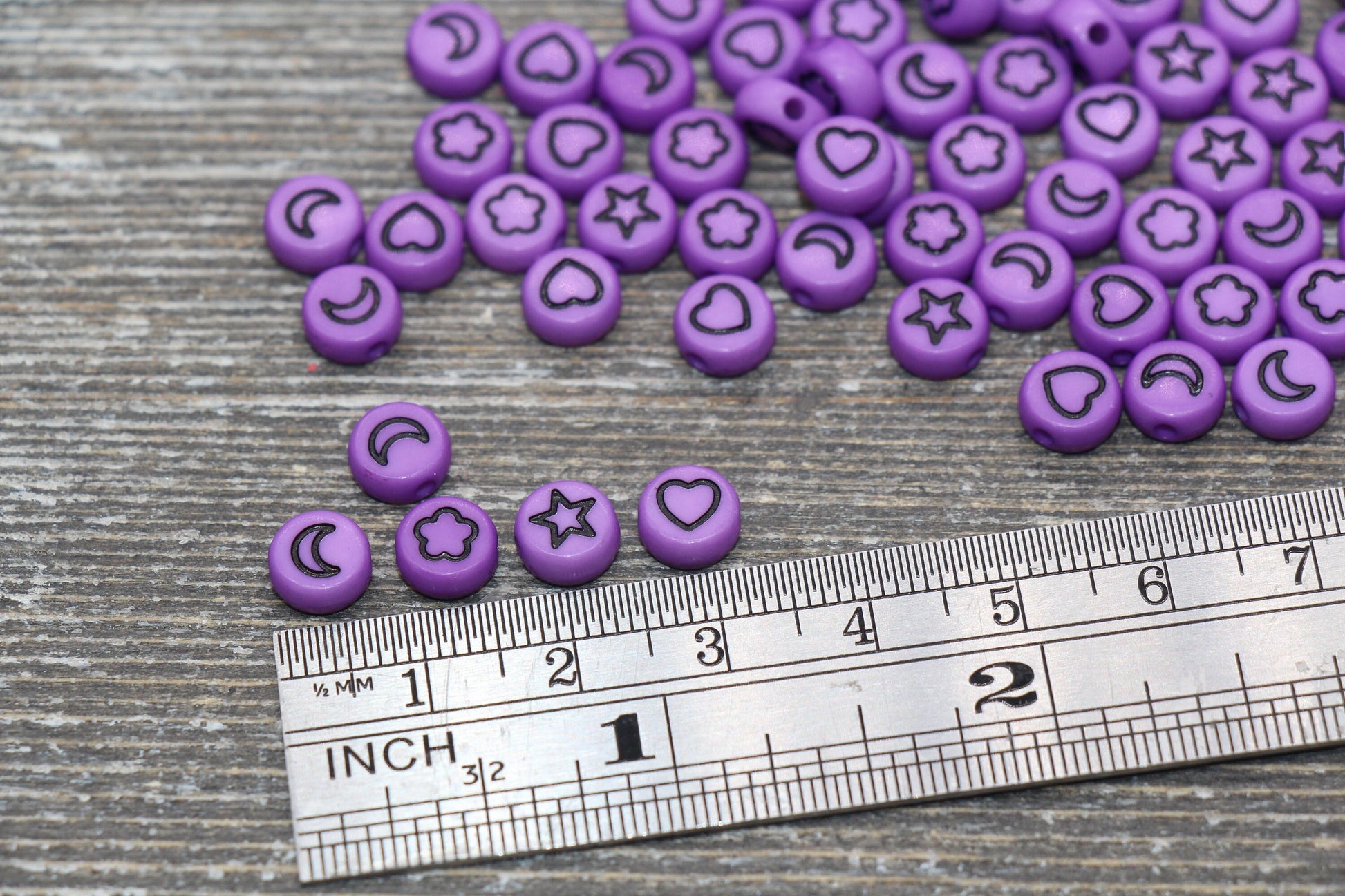 Heart, Star, Flower, Moon Beads, Acrylic Purple Beads with Black Symbols, Symbol Beads, Plastic Round Heart Star Moon Flower, Size 7mm #388