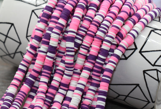6mm Multicolored Polymer Clay Disc Beads, Pink, Purple, and White Mix Heishi Beads, African Disc Beads, Vinyl Heishi, 16 inch Strand #66