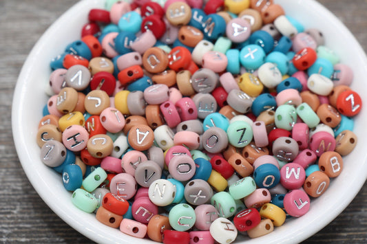 NEW COLOR! Multicolor Round Alphabet Letter Beads, Multicolored Beads with Silver Letters, Acrylic Round Name Beads, Size 7mm #15