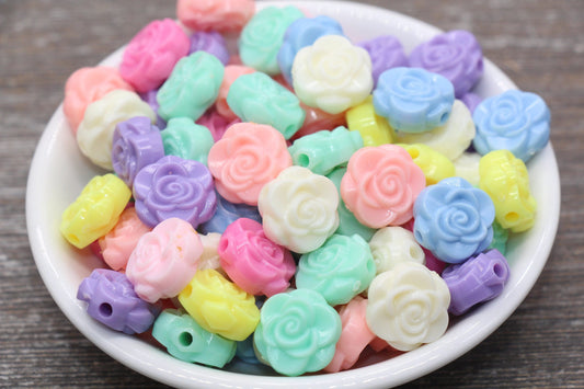 Multicolored Flower Beads, Mix Color Rose Flower Beads, Acrylic Flower Beads, Bracelet Beads, #376