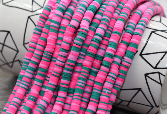 6mm Multicolor Heishi Beads, Pink and Green Multicolored Polymer Clay Disc Beads, African Disc Beads, Vinyl Heishi, 16 inch Strand #155