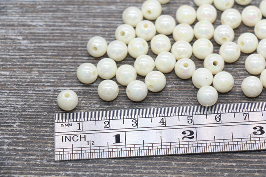 8mm Ivory AB Gumball Beads, Iridescent Acrylic Loose Beads, Solid Bubblegum Beads, Chunky Beads, Glossy Smooth Round Plastic Beads #447