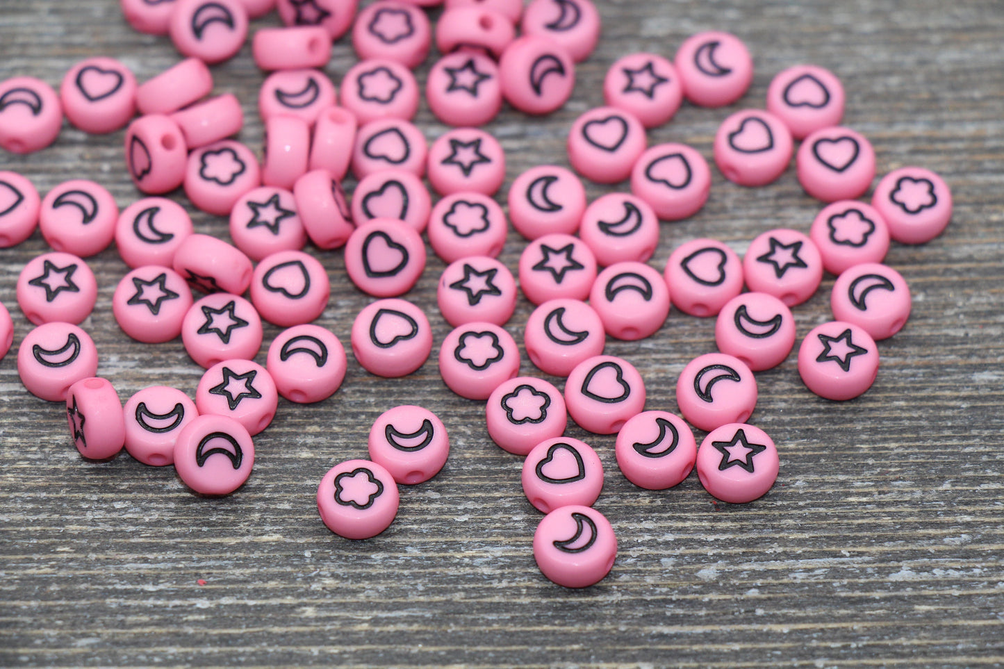 Heart, Star, Flower, Moon Beads, Acrylic Orange Beads with Black Symbols, Symbol Beads, Plastic Round Heart Star Moon Flower, Size 7mm #495