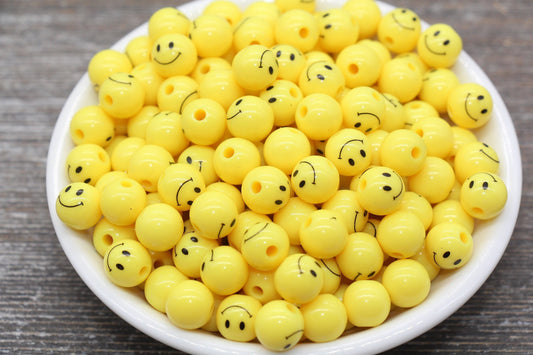 Smiley Face Round Beads, Emoji Beads, Happy Face Beads, Plastic Round Beads, Yellow Smiley Face Gumball Beads, Chunky Beads, Size 10mm #506