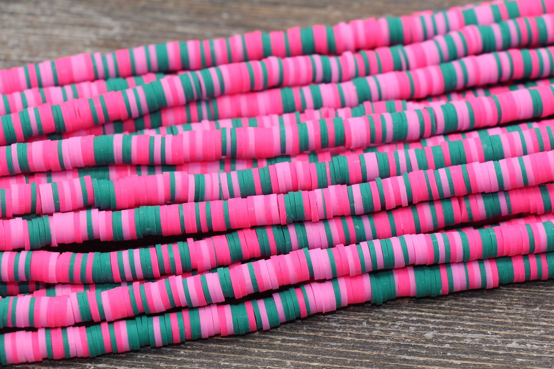 6mm Multicolor Heishi Beads, Pink and Green Multicolored Polymer Clay Disc Beads, African Disc Beads, Vinyl Heishi, 16 inch Strand #155